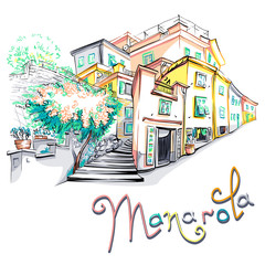 Obraz premium Wektor malowniczy widok na kolorowe domy w wiosce rybackiej Manarola w Five Lands, Park Narodowy Cinque Terre, Liguria, Włochy.