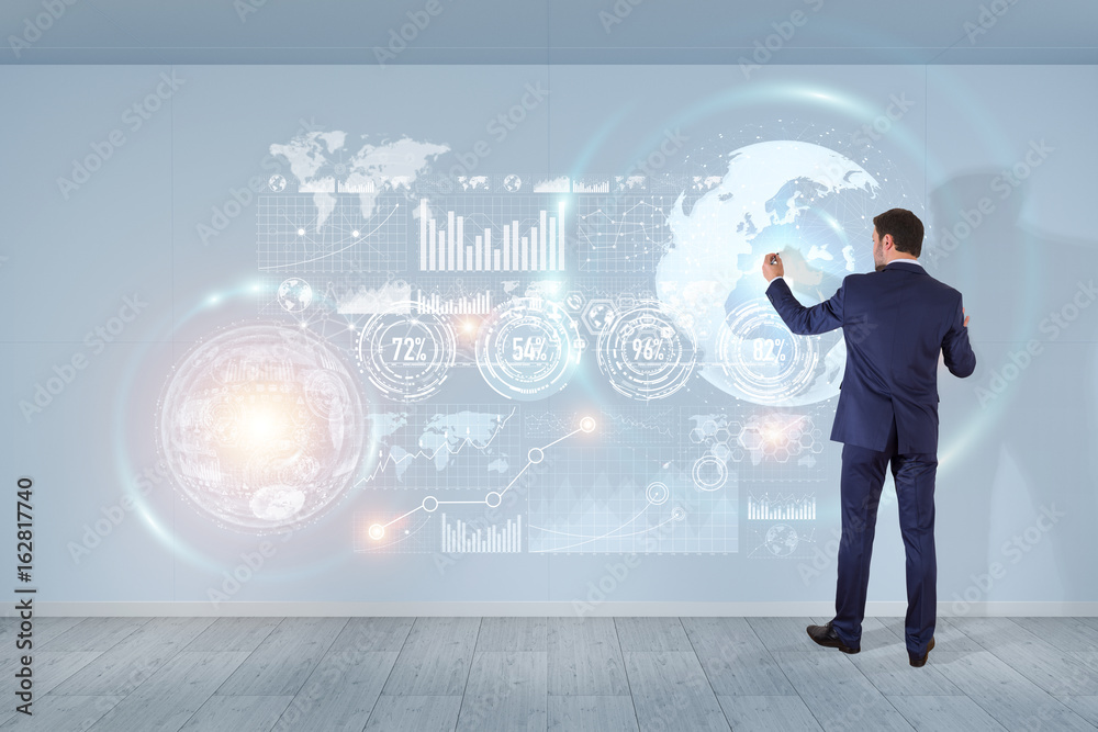 Poster Businessman using graph screens interface on a wall 3D rendering