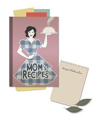 Cookbook retro cover with mom's recipes. Note hand written and bay leaves