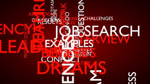 Job search interview word tag cloud. 3D rendering, loop able, red variant. UHD