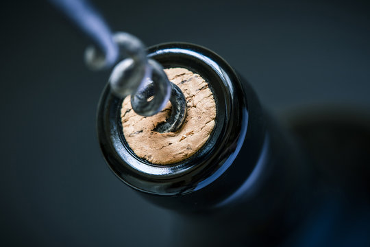 Fototapeta wine cork in bottle and corkscrew and blurry background, photographed from above for winemaker business card or book cover