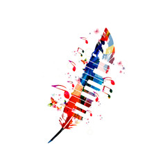 Music poster for composing. Colorful music notes with piano keys and feather isolated vector illustration design