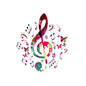 Music poster with music notes. Colorful G-clef with music notes isolated vector illustration