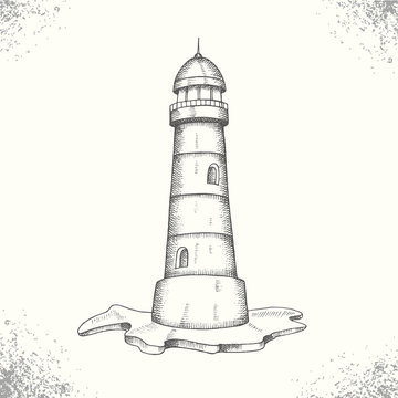 Summer sea adventure. Vintage hand drawn lighthouse. Sketch. Vector engraving illustration. 