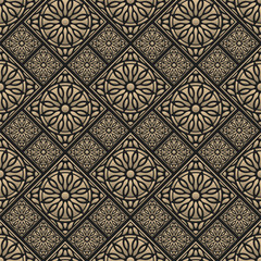 Seamless pattern oriental ornament. Black and golden textile print. Islamic vector design. Floral tiles.