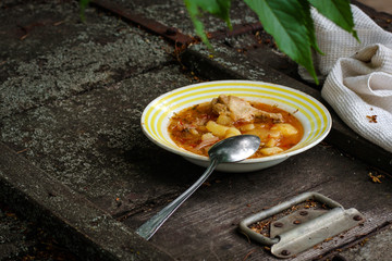 Borsch with chicken meat - vegetable tomato soup