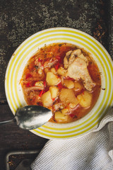 Borsch with chicken meat - vegetable tomato soup
