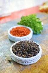 Red hot chili Cayenne and black pepper fresh and dried powdered spice, fresh ginger root,  ready to use.