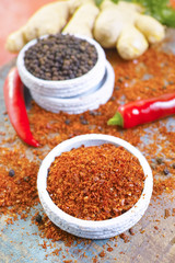 Red hot chili Cayenne and black pepper fresh and dried powdered spice, fresh ginger root,  ready to use.
