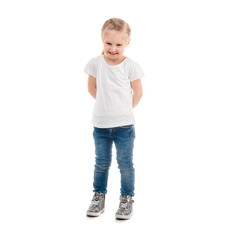 girl in t-shirt standing isolated on white background