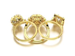 3D illustration tree yellow gold ring with diamonds back view with reflection