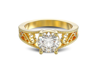 3D illustration yellow gold ring with diamonds and ornament