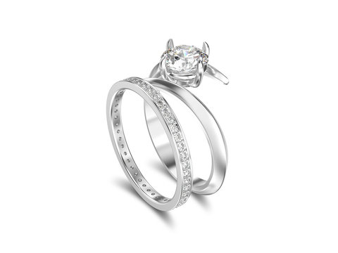 3D illustration isolated white gold or silver matching band set two rings with diamonds