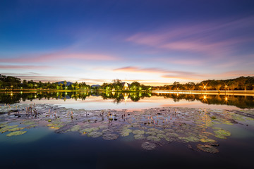 Sukhothai Historical Park between night time and sunset in Sukhothai, Thailand