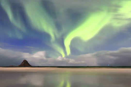 Aurora borealis-Polar lights-Northern lights over Bleik beach. Andoya island-Vesteralen-Norway. 0050