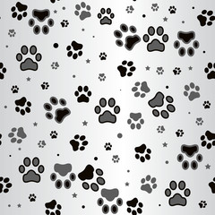 Dog paw print and star seamless pattern on white background