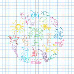 Colorful Hand Drawn Doodle Summer Symbols Arranged in a Circle on Copybook Sheet in a Cage. Vector Illustration.