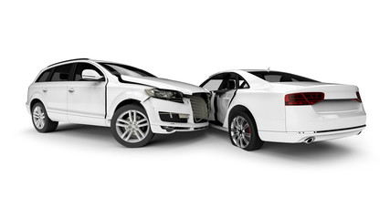 Fototapeta na wymiar White Wrecked cars in an accident / 3D render image representing an car accident 