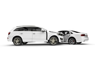 Plakat White Wrecked cars in an accident / 3D render image representing an car accident 