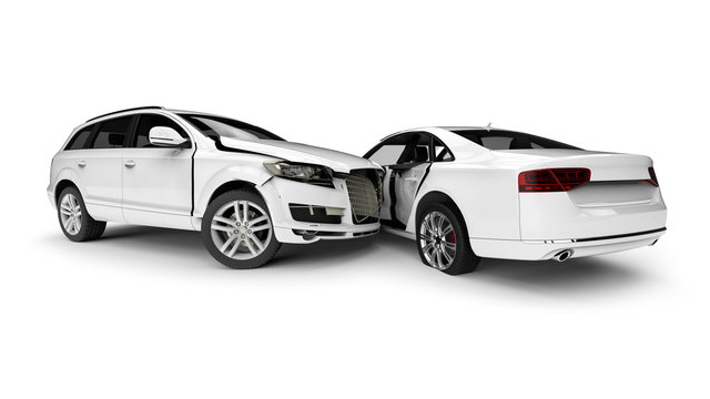 White Wrecked cars in an accident / 3D render image representing an car accident 