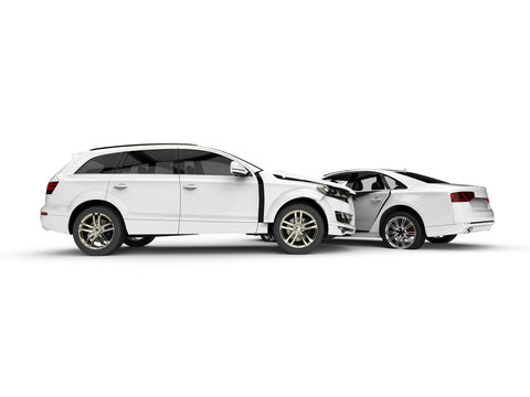 White Wrecked cars in an accident / 3D render image representing an car accident 