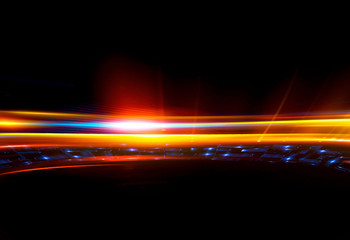 Fototapeta na wymiar Beautiful light flares. Glowing streaks on dark background. Luminous abstract sparkling lined background. .light effect wallpaper. Sci fi technology. Sequins backdrop. New gala. .
