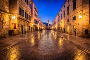 Dubrovnik Stradun night. / Scenic night view at famous historic Stradun street in Dubrovnik, popular landmark in Croatia summertime, Europe.  - obrazy, fototapety, plakaty