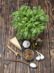 Italian green sauce pesto ingredients on a wooden background. 