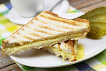 Two pieces of toasts with melted cheese on white plate, closeup
