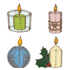 Candles Color Set Hand Draw Sketch. Vector