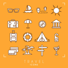 Travel and vacation icons set. Sunglasses, yacht, route, sun, suitcase, umbrella, museum, luggage, lifebuoy, camping tent, message, money card, palms, arrows, cocktail.