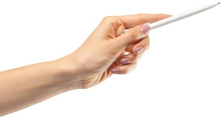 Female hand on a white background with a pen