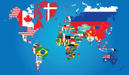  Detailed map of the world with the borders and flags of states on a blue background © nataliya_rodenko