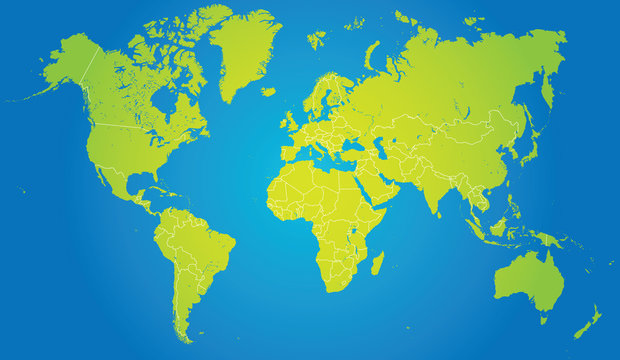 Detailed map of the world with the borders of states on a blue background
