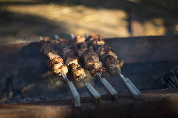 closeup of some meat skewers being grilled in a barbecue