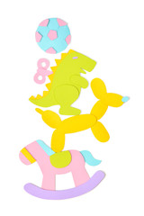 Pile of toys paper cut on white background - isolated  (handmade paper cut, not illustration)