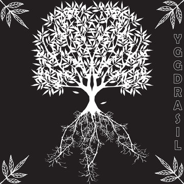 Yggdrasil – vector World tree from Scandinavian mythology. Black and white version of big ash as a symbol of the universe