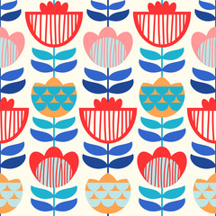 Seamless vector pattern with scandinavian flowers. Bright colors. - obrazy, fototapety, plakaty
