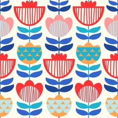 Gordijnen Naadloze vector patroon met Scandinavische bloemen. Felle kleuren. © Julia