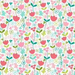 Summer meadow. Seamless vector pattern with cute flowers and leaves.