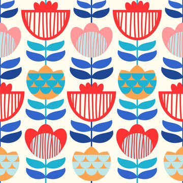 Fototapeta Seamless vector pattern with scandinavian flowers. Bright colors.