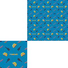 Seamless pattern of Rescue and fire with yellow plastic helmets, dark gray radio and text on the dark blue background with pattern unit.