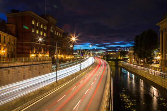 Scenic summer night view of city traffic. Stockholm, Sweden.