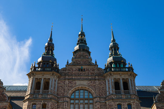 Roof and towers of the Nordic Museum Building in sunny day, Stockholm, Sweden