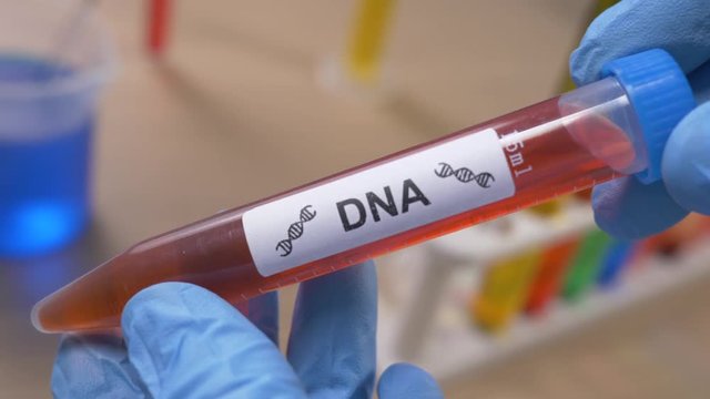 Scientist holding a DNA test tube filled with a red substance. Filmed in a lab environment. Closeup on the tube.