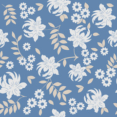 Flowers and leaves vector seamless pattern in soft blue and beige