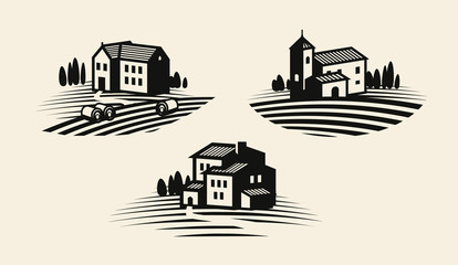 Farm, farming icon or logo. Agricultural industry, viniculture, vineyard label set. Vector illustration