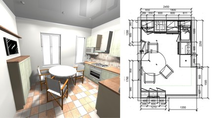 green kitchen with drawing and dimensions 3D rendering design interior - 162834934