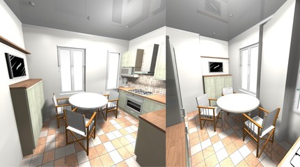 kitchen in the Italian style, green facades, wooden worktop 3D rendering design interior