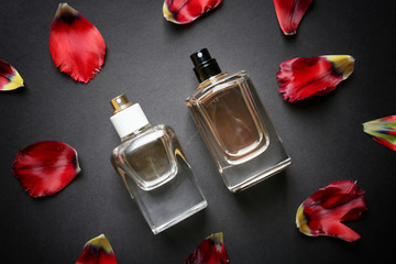 Beautiful composition with perfume bottles and petals on dark background